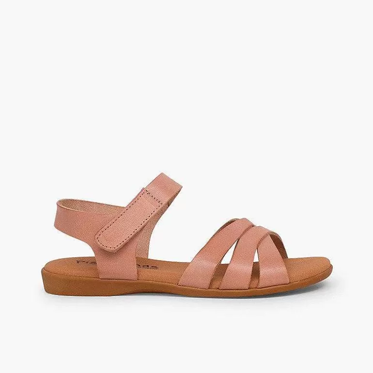 Cheap Girls' Leather Sandals With Crossed Straps And Loop Fasteners Closure Girls Sandals