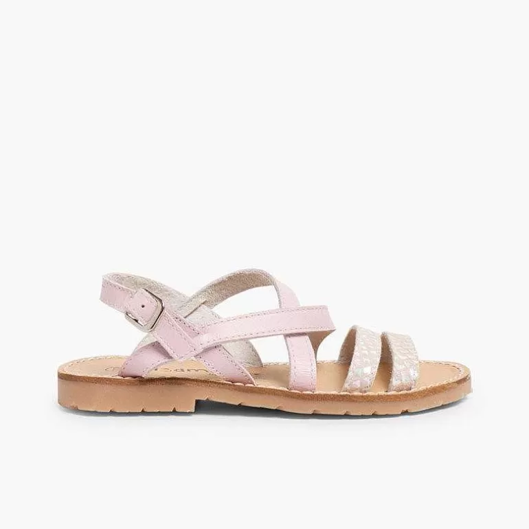 Outlet Girls' Leather Sandals With Crossover Strap And Mother Of Pearl Effect Girls Sandals