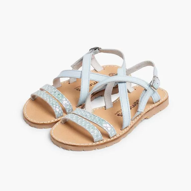 Outlet Girls' Leather Sandals With Crossover Strap And Mother Of Pearl Effect Girls Sandals