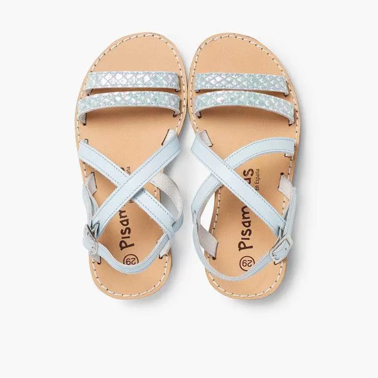 Outlet Girls' Leather Sandals With Crossover Strap And Mother Of Pearl Effect Girls Sandals