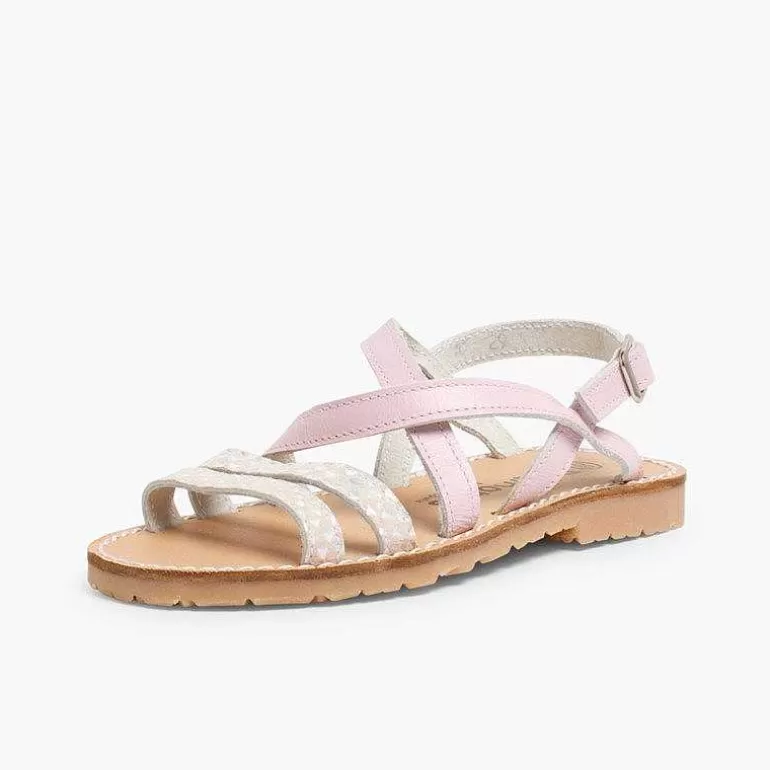 Outlet Girls' Leather Sandals With Crossover Strap And Mother Of Pearl Effect Girls Sandals