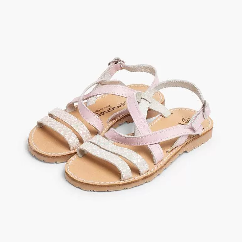 Outlet Girls' Leather Sandals With Crossover Strap And Mother Of Pearl Effect Girls Sandals