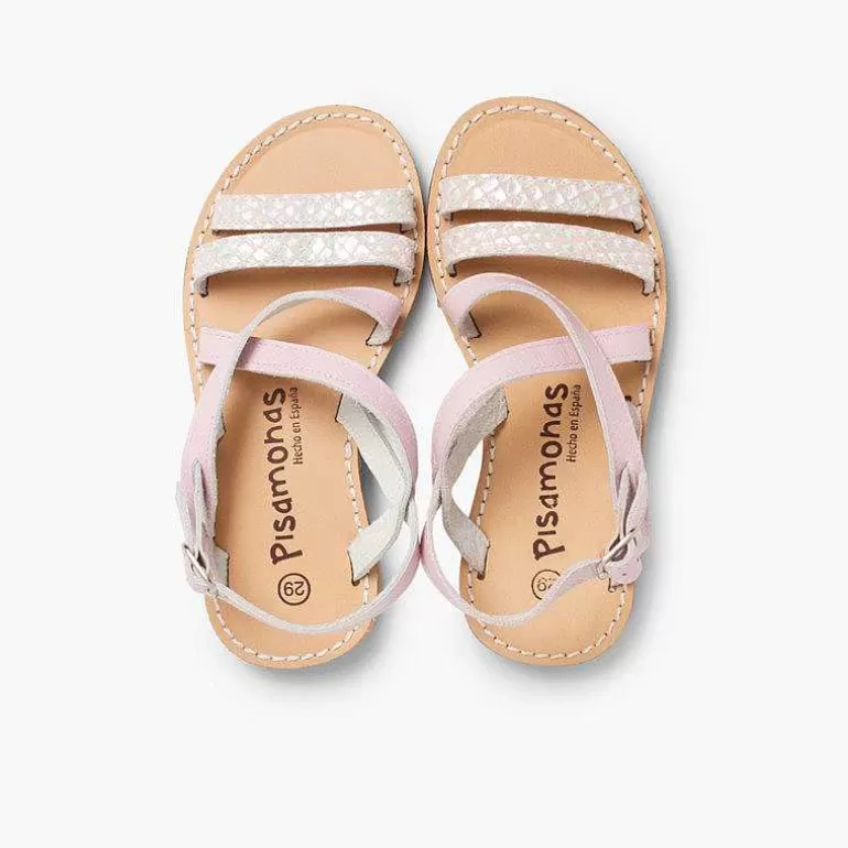 Outlet Girls' Leather Sandals With Crossover Strap And Mother Of Pearl Effect Girls Sandals