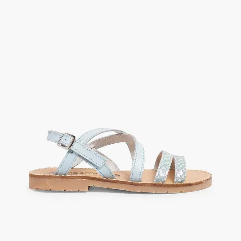 Outlet Girls' Leather Sandals With Crossover Strap And Mother Of Pearl Effect Girls Sandals