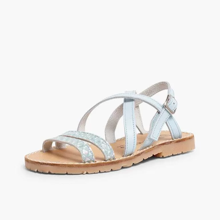 Outlet Girls' Leather Sandals With Crossover Strap And Mother Of Pearl Effect Girls Sandals