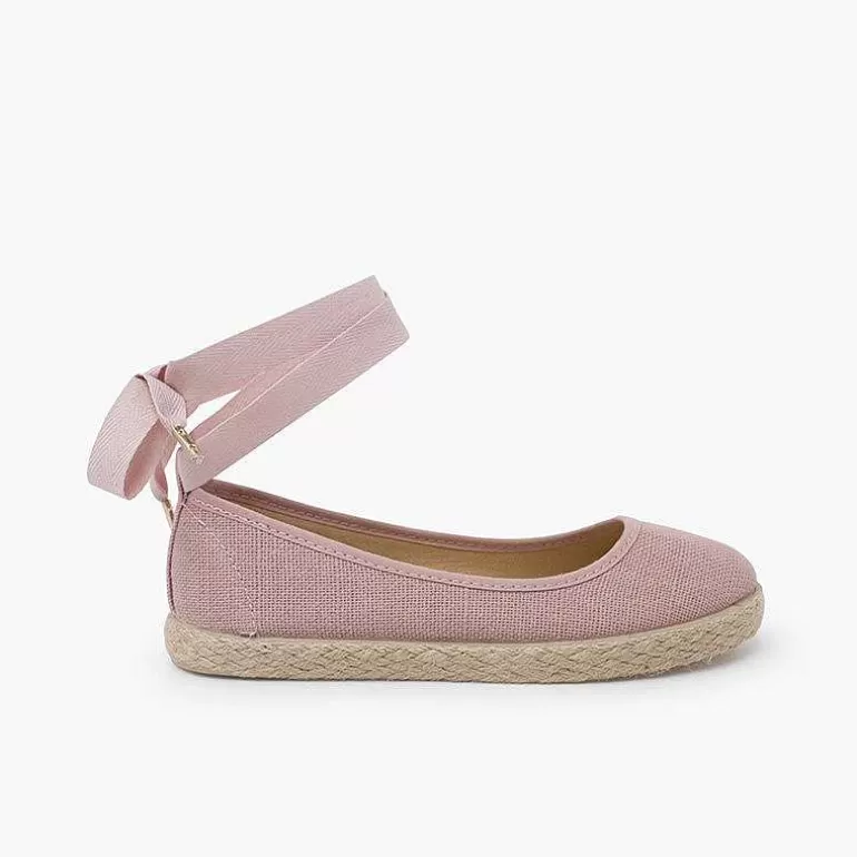 Discount Girls´ Linen Ballet Pumps With Lace Ribbon And Jute Sole Women Ballet Pumps And Flats