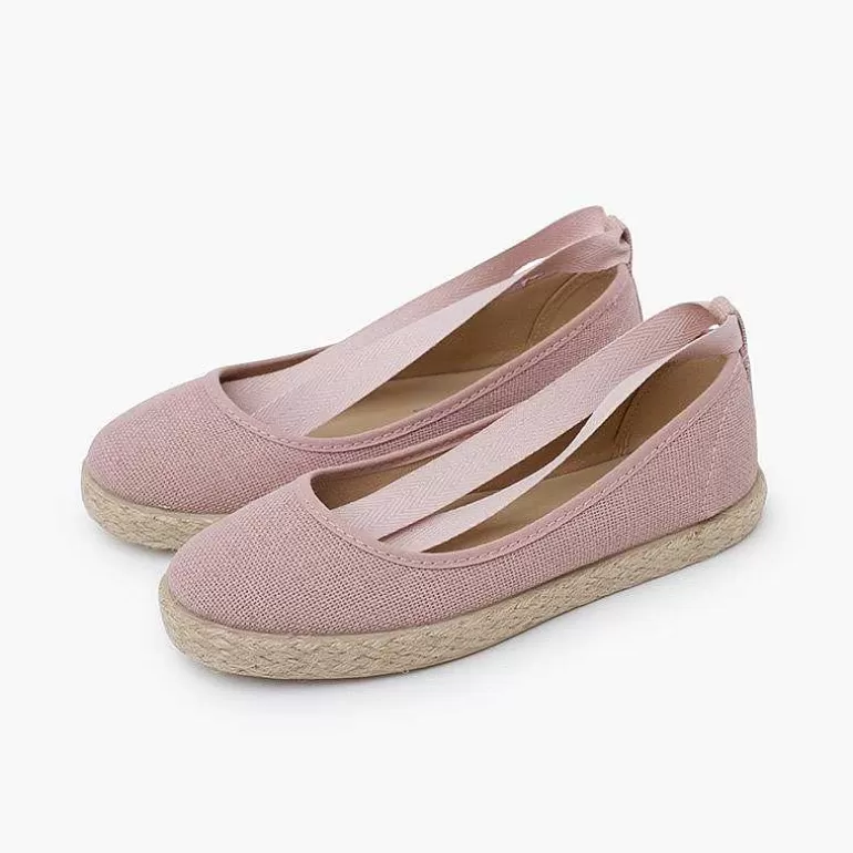 Discount Girls´ Linen Ballet Pumps With Lace Ribbon And Jute Sole Women Ballet Pumps And Flats