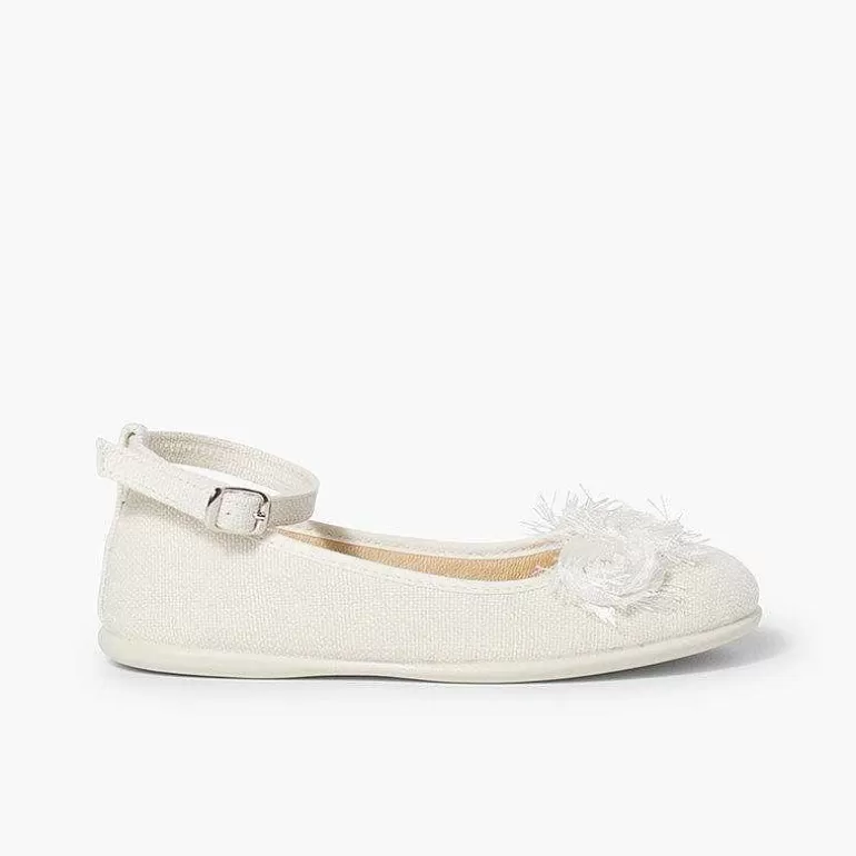 Cheap Linen Ballet Pumps With Ankle Strap And Flower Decoration Girls Communion Shoes