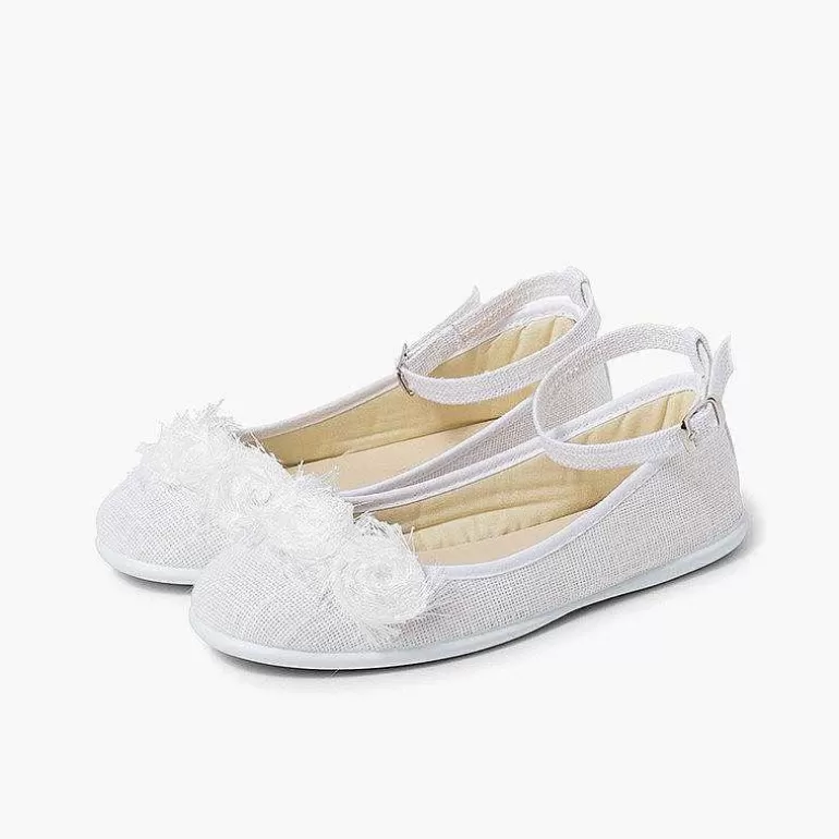 Cheap Linen Ballet Pumps With Ankle Strap And Flower Decoration Girls Communion Shoes