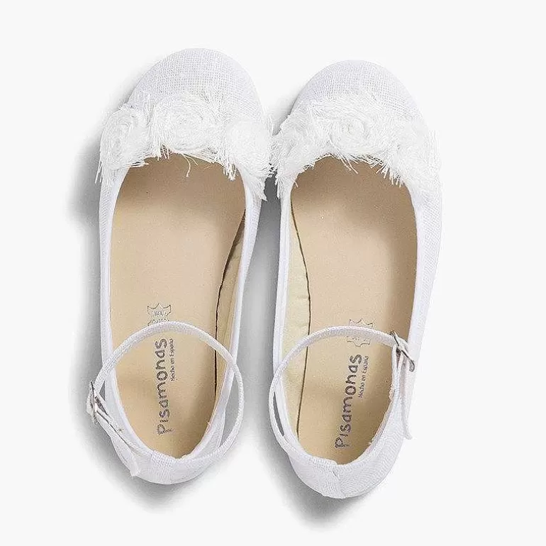 Cheap Linen Ballet Pumps With Ankle Strap And Flower Decoration Girls Communion Shoes