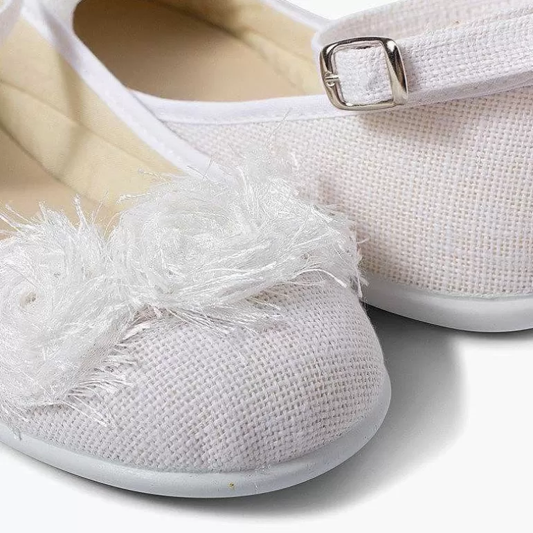 Cheap Linen Ballet Pumps With Ankle Strap And Flower Decoration Girls Communion Shoes