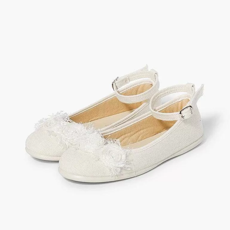 Cheap Linen Ballet Pumps With Ankle Strap And Flower Decoration Girls Communion Shoes
