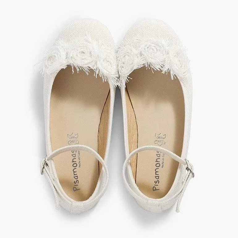 Cheap Linen Ballet Pumps With Ankle Strap And Flower Decoration Girls Communion Shoes