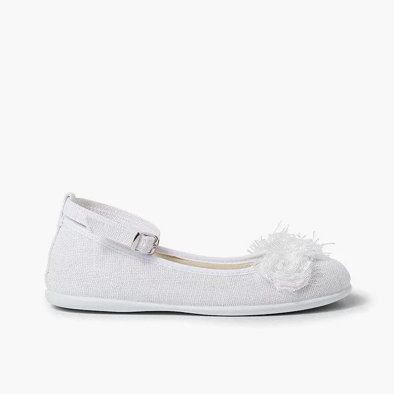 Cheap Linen Ballet Pumps With Ankle Strap And Flower Decoration Girls Communion Shoes